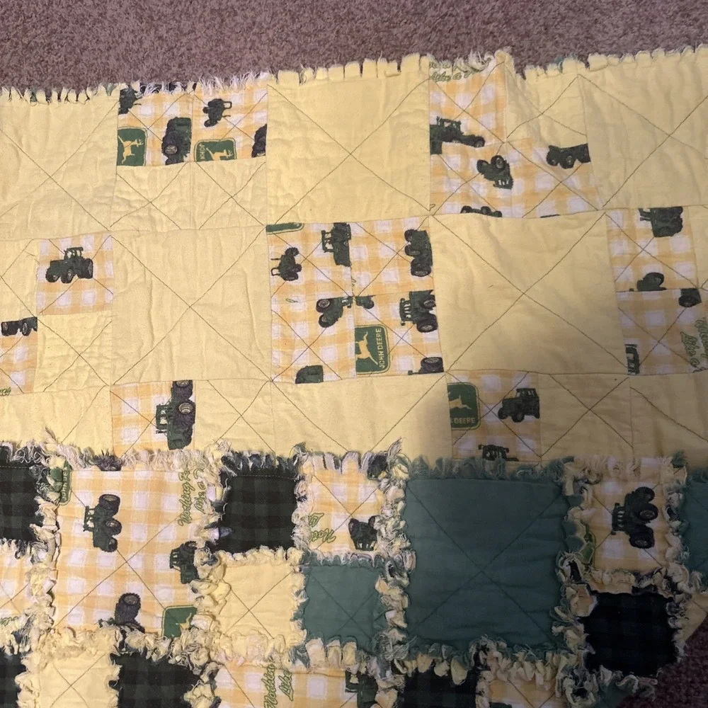 Vintage Handmade John Deere Tractor Baby Toddler Lap Patchwork Rag Quilt 60 X 46